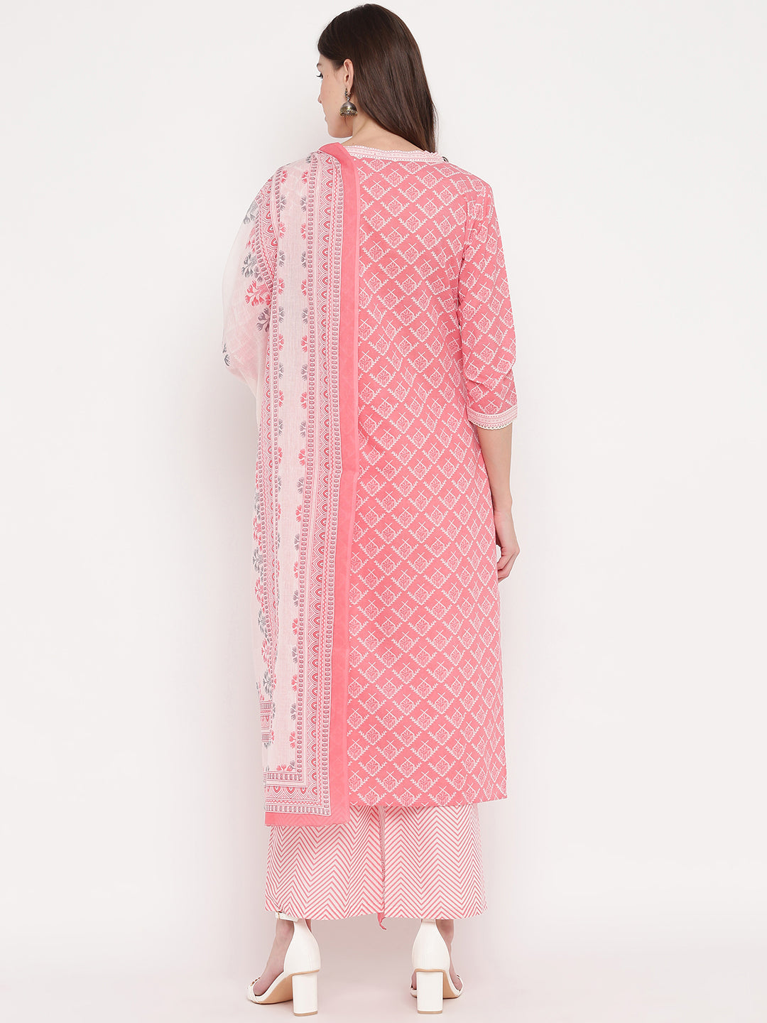 Women's Light Pink Cotton Kurta With Palazzo & Dupatta By Vbuyz (3