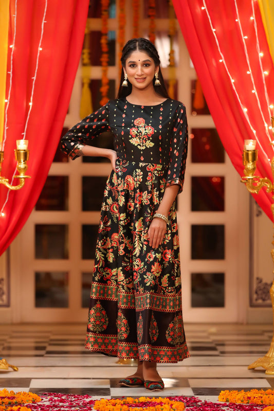 Women's Black Dull Satin Printed Flared Dress With Hair-Band