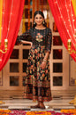 Women's Black Dull Satin Printed Flared Dress With Hair-Band