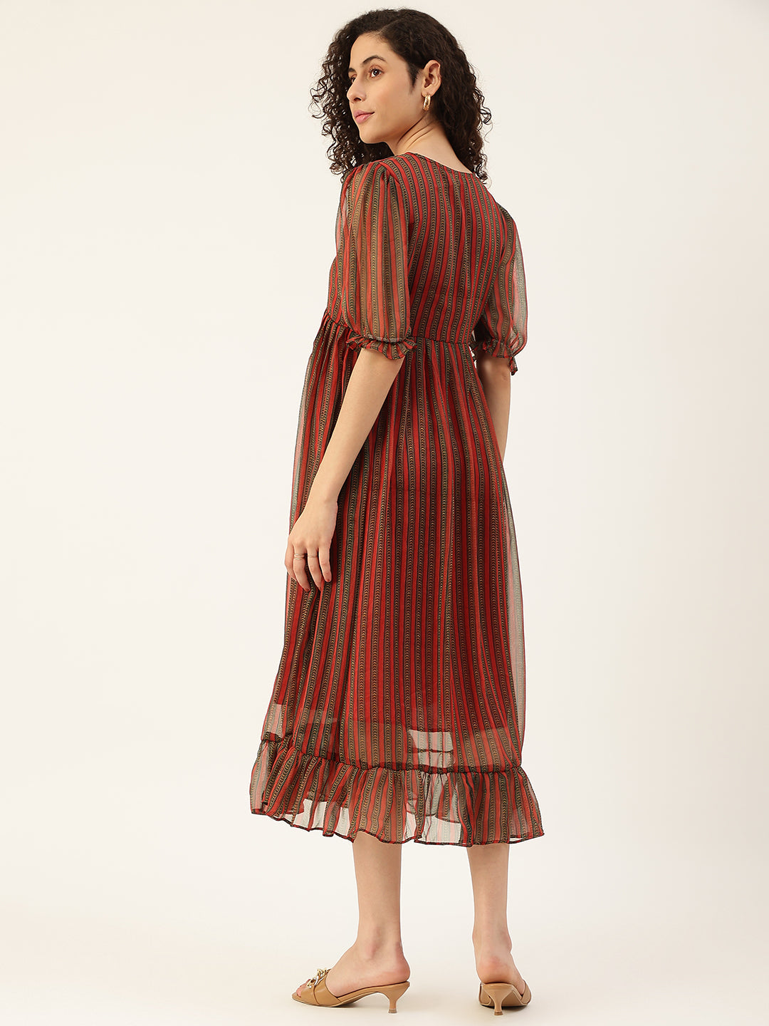 Women's Maroon Color Chiffon Flared Printed A-Line Striped Dress