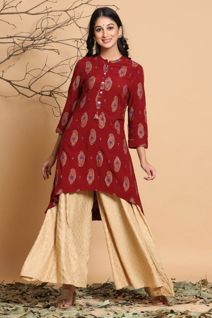 Women's Maroon Viscose Rayon Printed Kurta