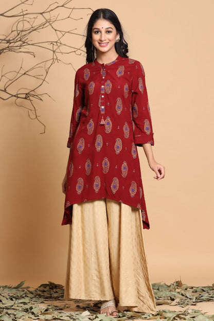Women's Maroon Viscose Rayon Printed Kurta