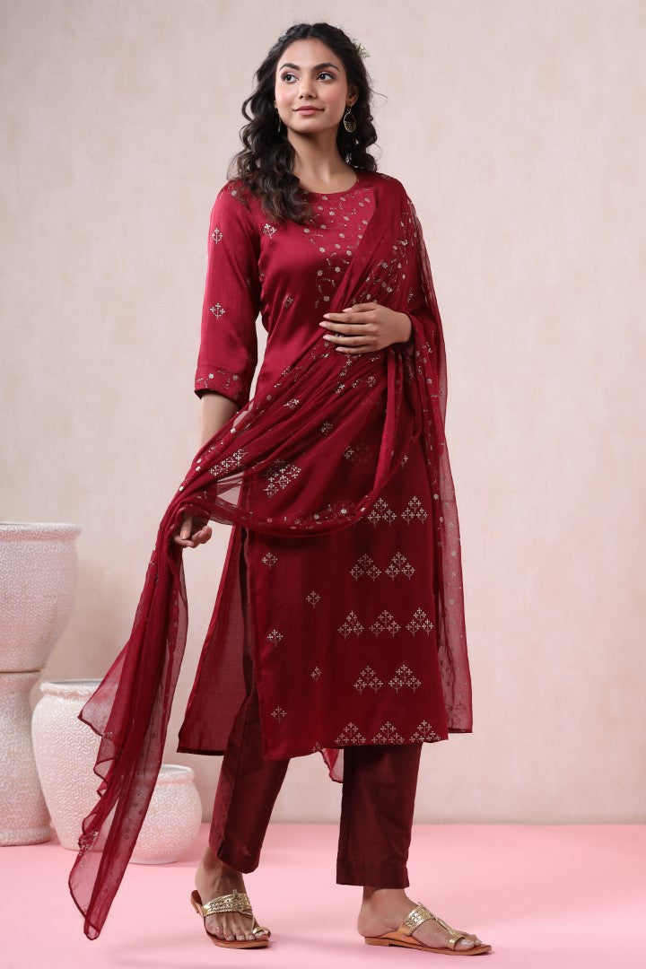 Women's Maroon Silk Embellished Kurta Set