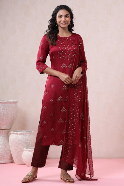 Women's Maroon Silk Embellished Kurta Set