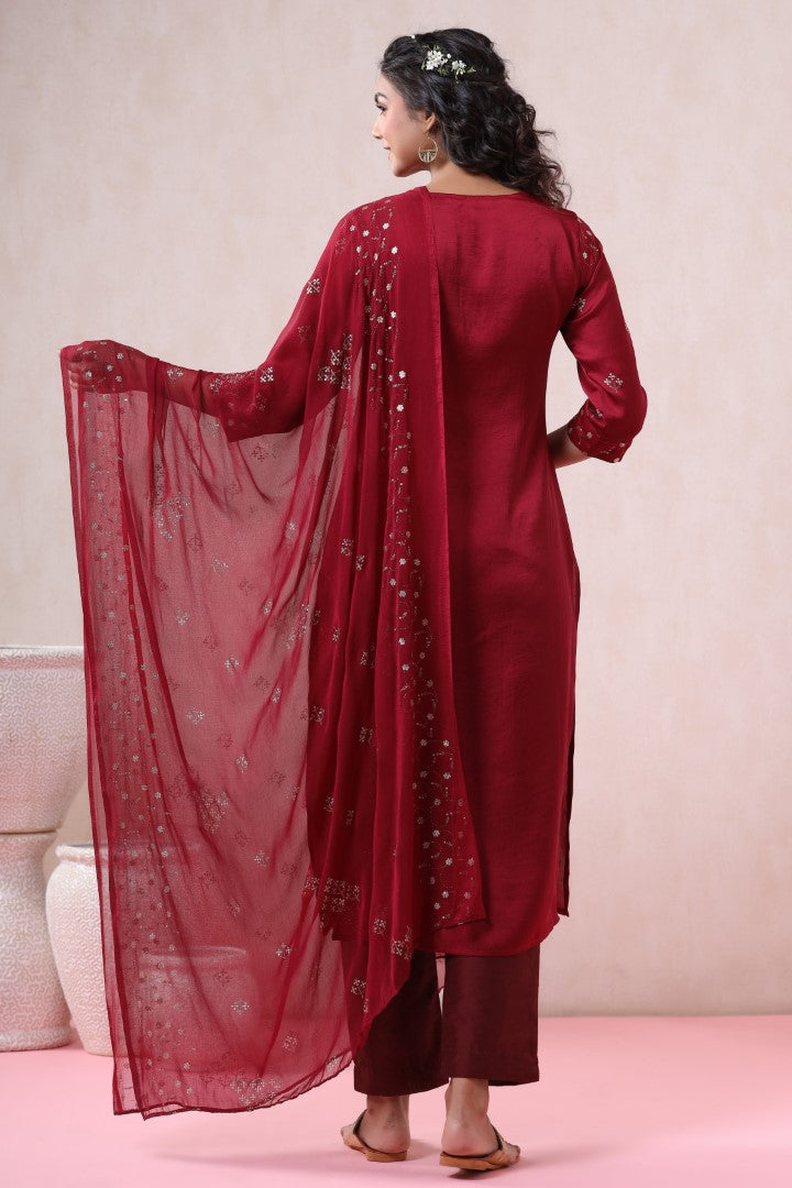 Women's Maroon Silk Embellished Kurta Set