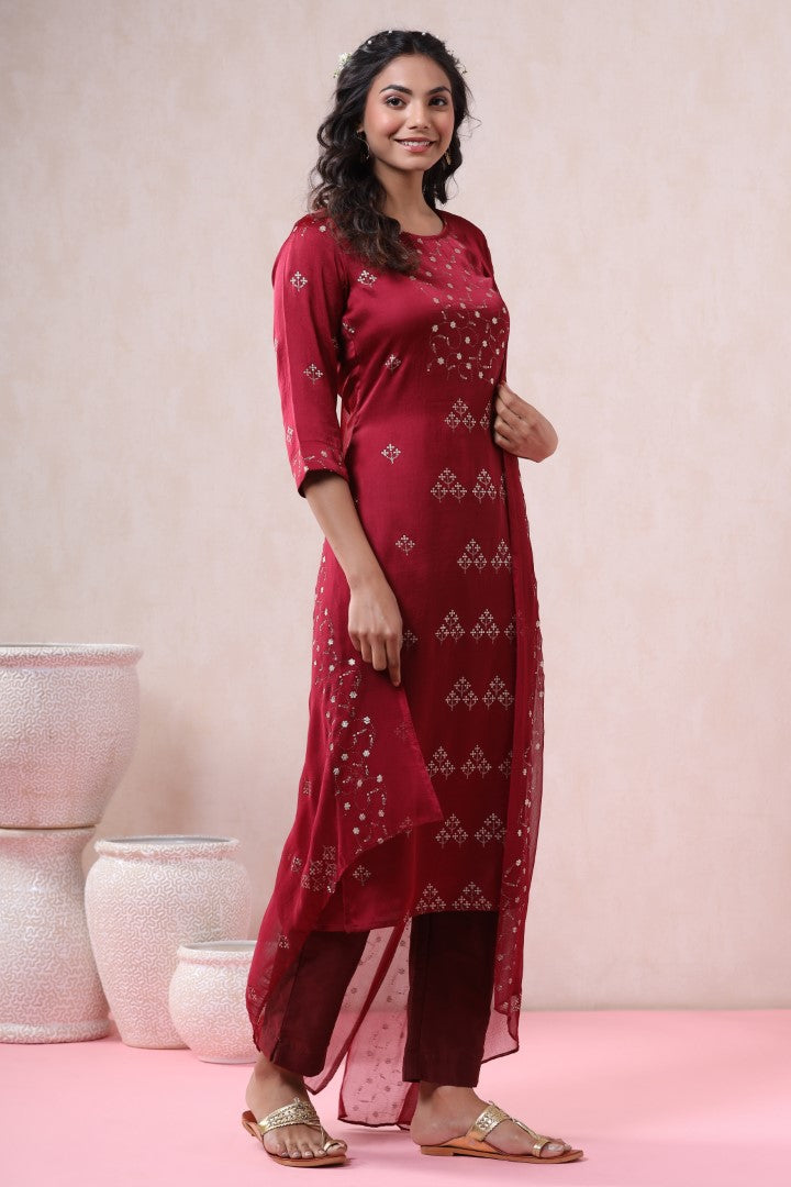 Women's Maroon Silk Embellished Kurta Set