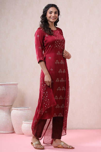 Women's Maroon Silk Embellished Kurta Set
