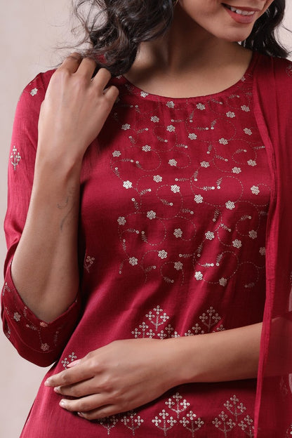Women's Maroon Silk Embellished Kurta Set
