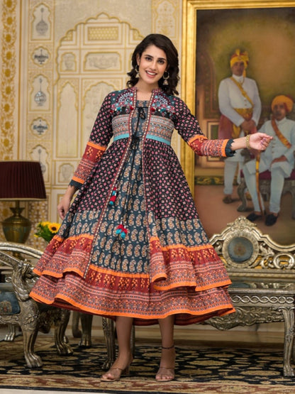 Women's Black Ethnic Motif Printed Cotton Dress With Coins Thread & Mirror Work