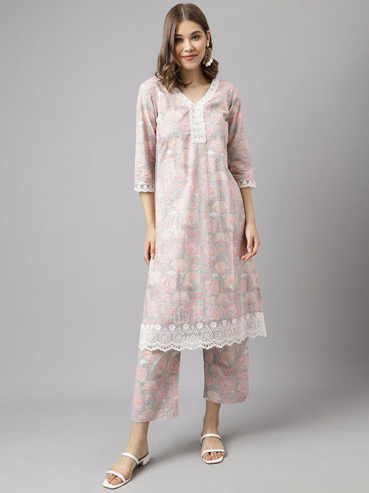Women's Pink Cotton A-Line Kurta set