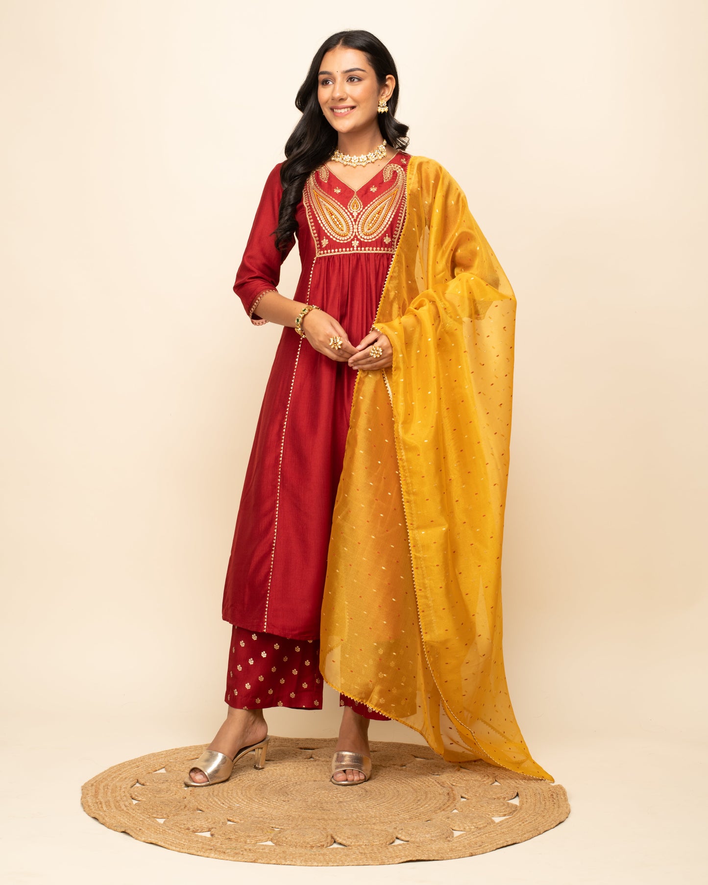 Women's Red Silk Blend A-Line Kurta Palazzo Set with dupatta