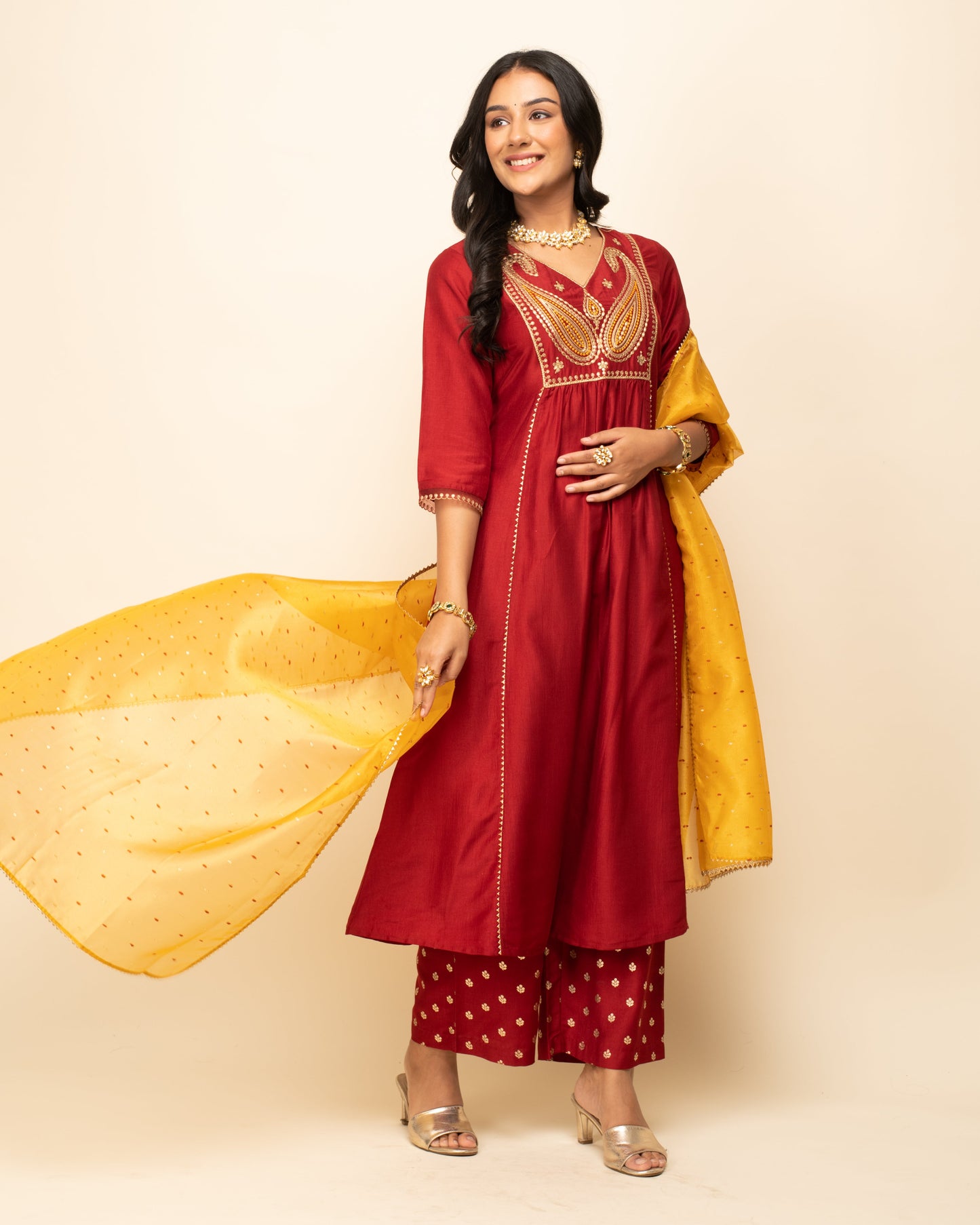 Women's Red Silk Blend A-Line Kurta Palazzo Set with dupatta