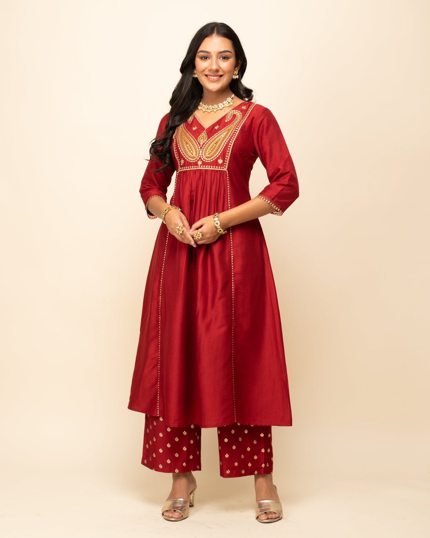 Women's Red Silk Blend A-Line Kurta Palazzo Set with dupatta