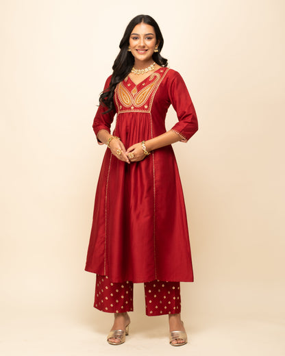 Women's Red Silk Blend A-Line Kurta Palazzo Set with dupatta