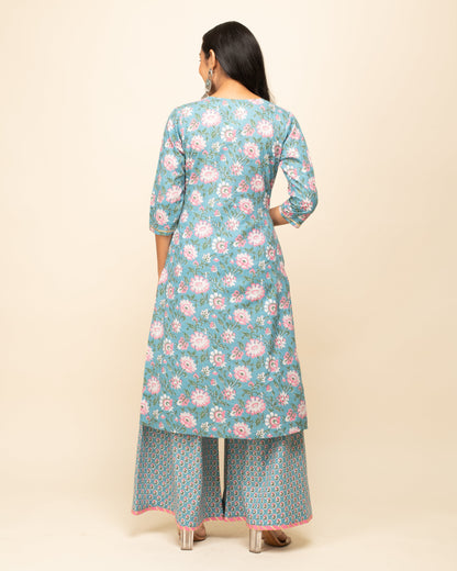 Women's Sky Blue Cotton Straight Kurta Palazzo Set with dupatta