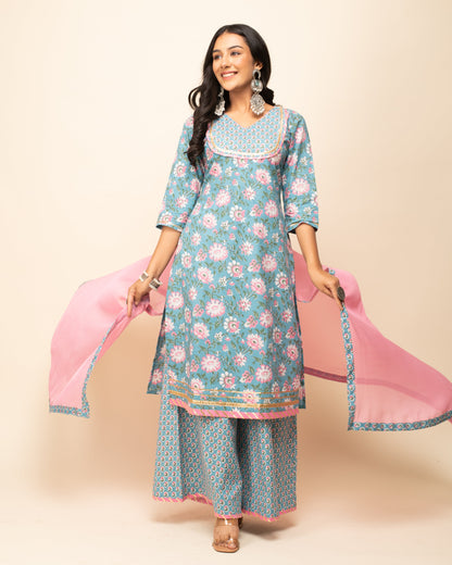 Women's Sky Blue Cotton Straight Kurta Palazzo Set with dupatta