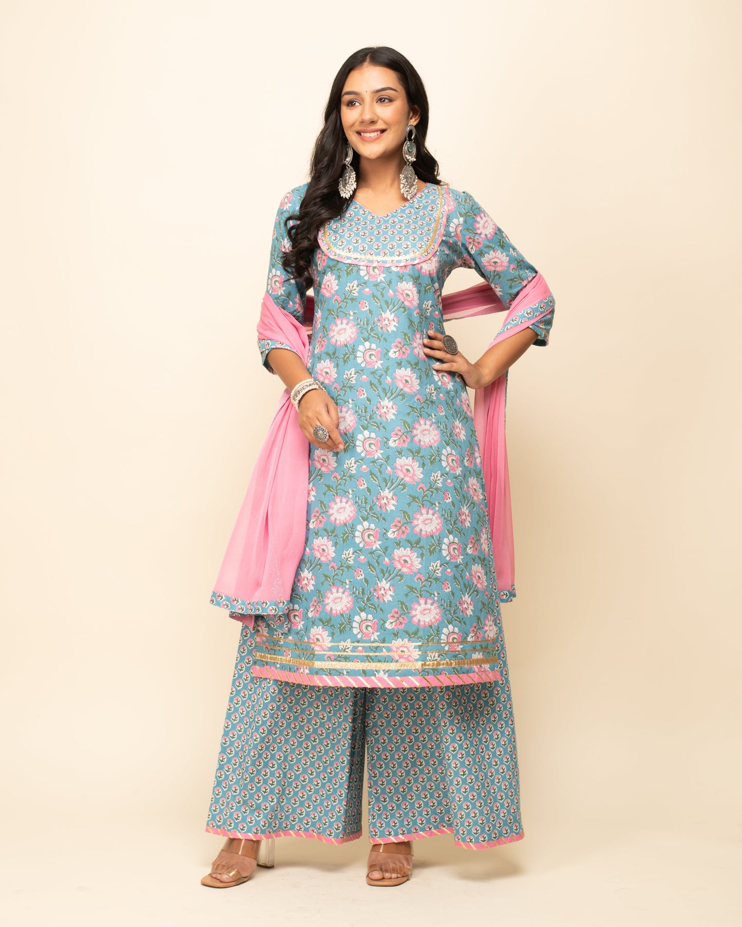 Women's Sky Blue Cotton Straight Kurta Palazzo Set with dupatta