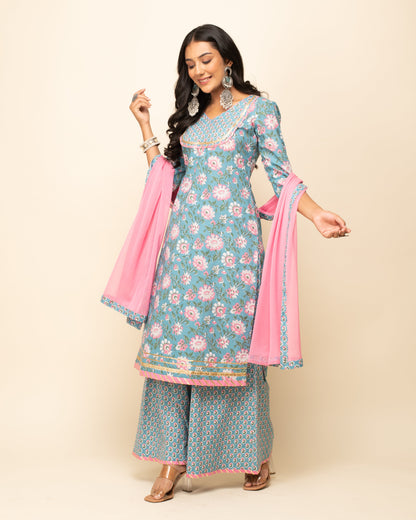 Women's Sky Blue Cotton Straight Kurta Palazzo Set with dupatta