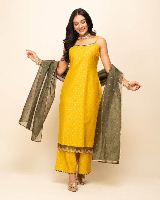 Women's Yellow Silk Blend Straight Kurta Palazzo Set with dupatta