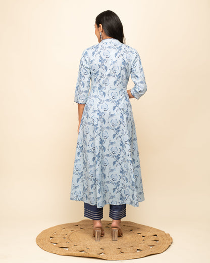 Women's Light Blue Cotton A-Line Kurta Pant With dupatta