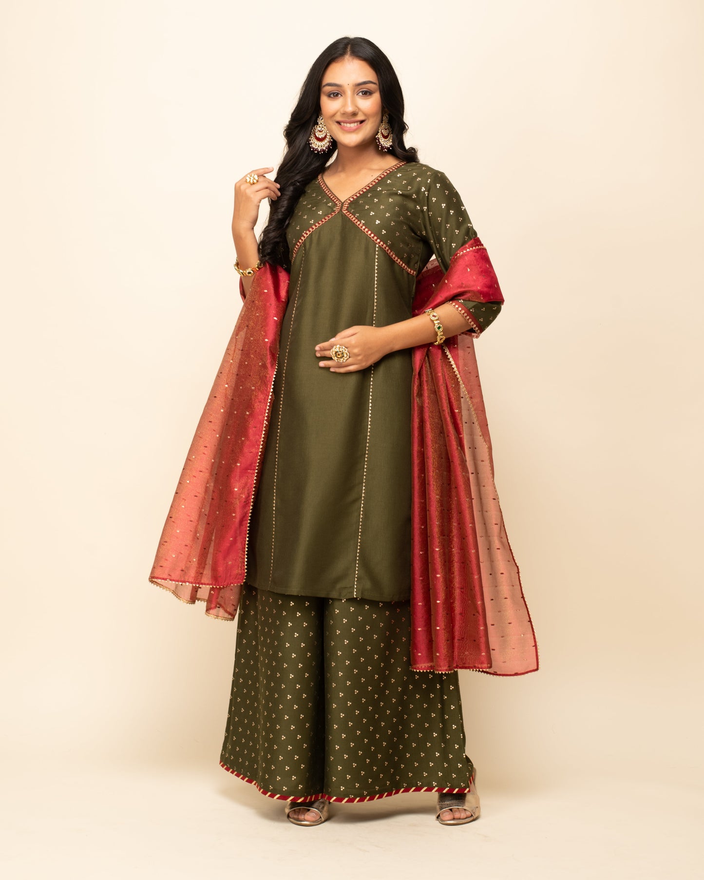 Women's Green Silk Blend Straight Kurta Palazzo Set with dupatta