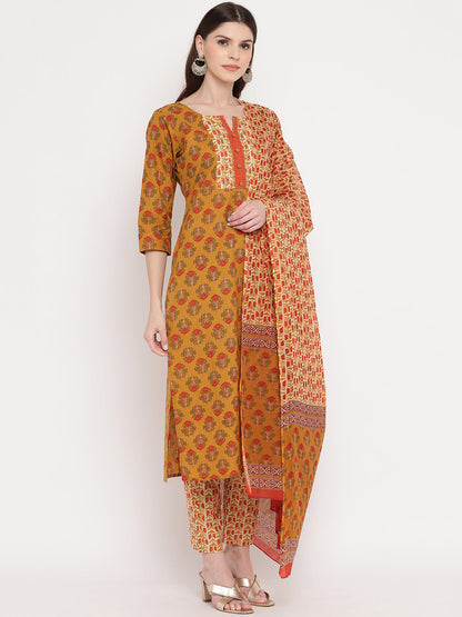 Women's Yellow Floral Printed Kurta With Pants & Dupatta By Vbuyz (3