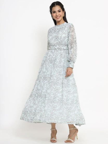 Women's Sagegreen Alphin Chiffon Flared Printed Dress With Tie-up Blet