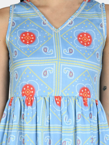 Women Sky Blue Printed Cotton Dress by Myshka (