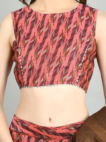 Pink Chanderi Printed Sleeveless Round Neck Casual Blouse Lehenga Dupatta Set