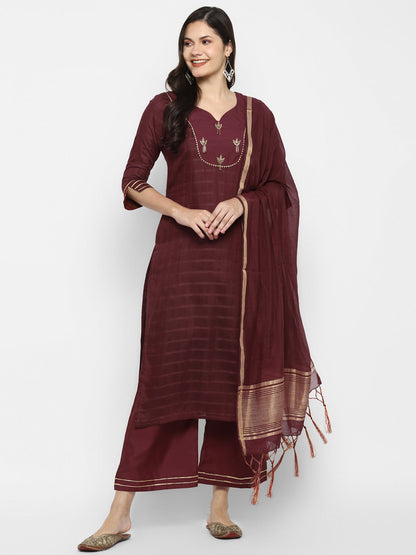 Women's Maroon Color Chanderi Silk Embroidered Straight Kurta Palazzo With Dupatta