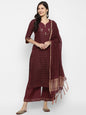 Women's Maroon Color Chanderi Silk Embroidered Straight Kurta Palazzo With Dupatta