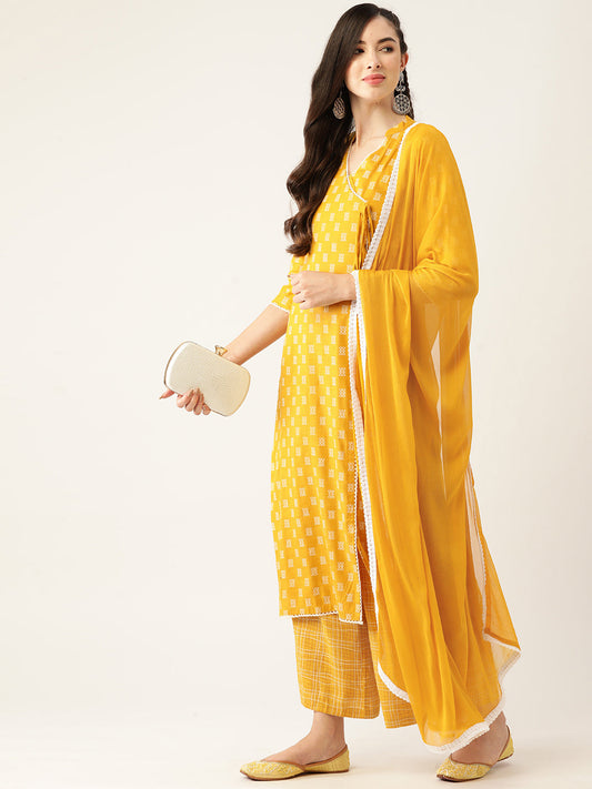 Women's Mustard Color Rayon Blend Printed Kurta Palazzo With Dupatta