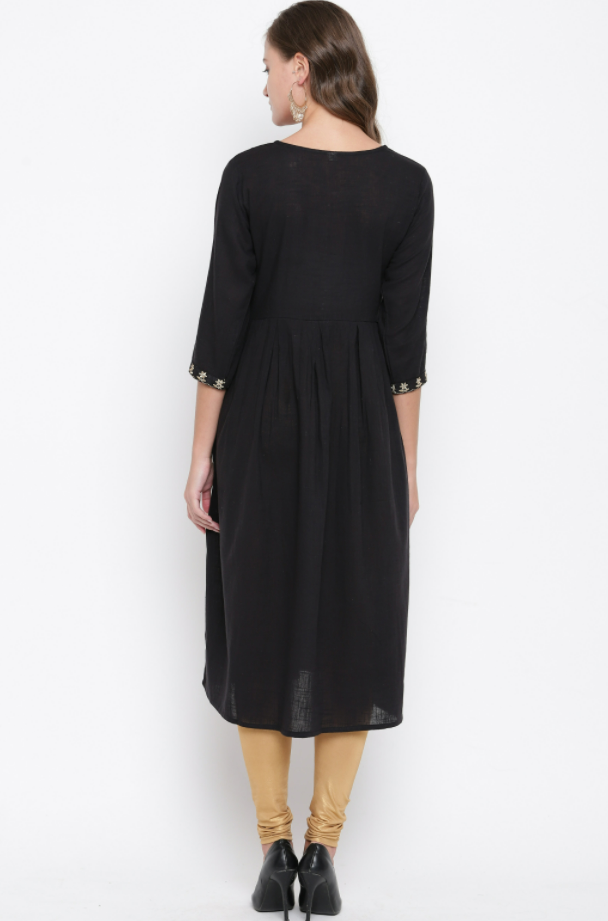 Women's Embroidered/Solid Anarkali Cotton Black Kurta (1Pc)