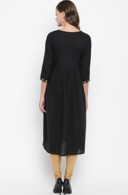 Women's Embroidered/Solid Anarkali Cotton Black Kurta (1Pc)
