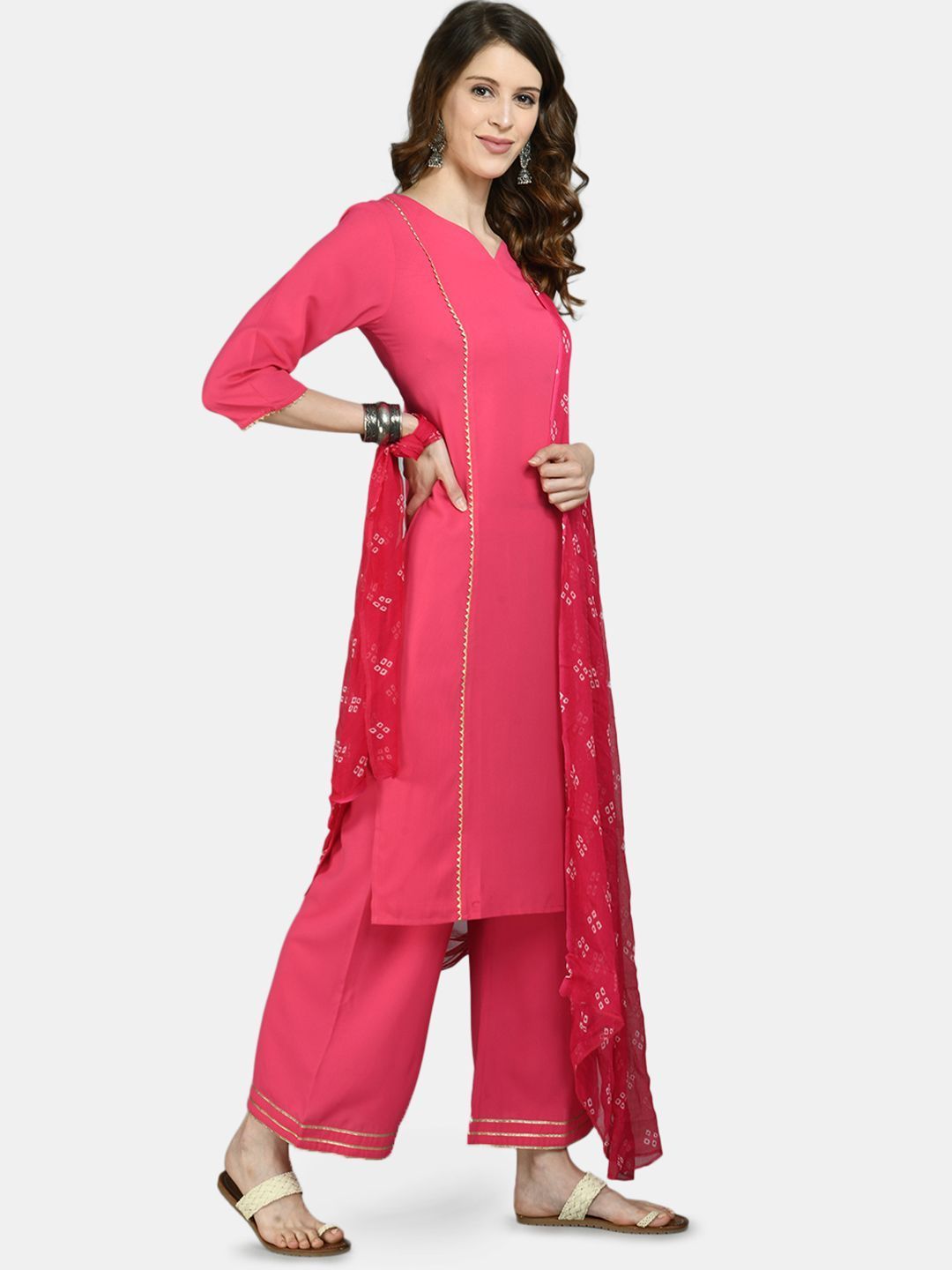 Women's Pink Viscose Solid 3/4 Sleeve V Neck Casual kurta Palazzo Dupatta Seta