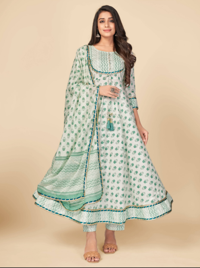Women's Printed & Gota Patti Work Anarkali Cotton Green Kurta Pant With Dupatta (3Pcs Set)