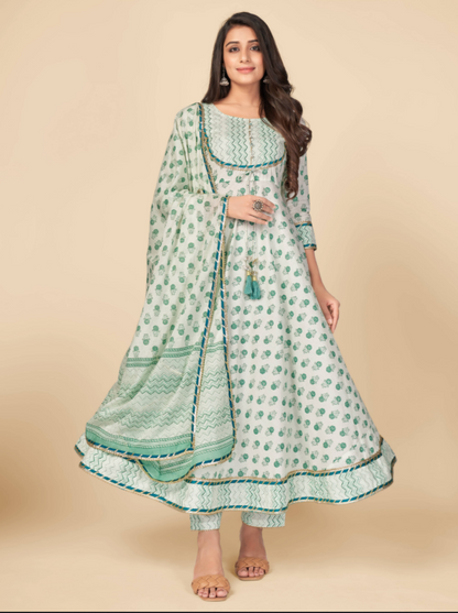 Women's Printed & Gota Patti Work Anarkali Cotton Green Kurta Pant With Dupatta (3Pcs Set)