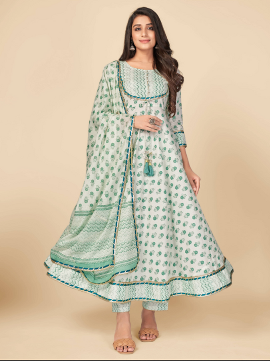 Women's Printed & Gota Patti Work Anarkali Cotton Green Kurta Pant With Dupatta (3Pcs Set)