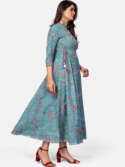Women's Printed & Embroidered Anarkali Cotton Turquoise Kurta (1Pc)