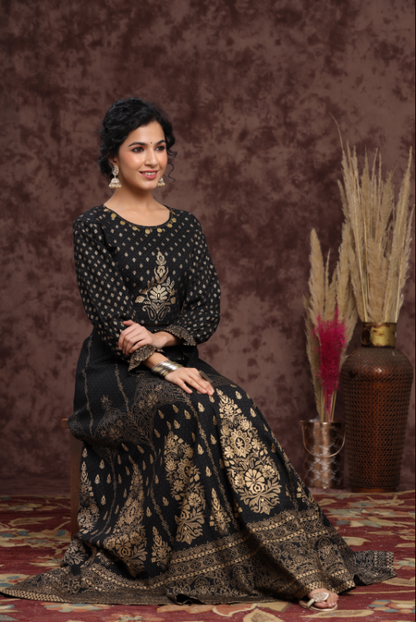 Women's Black Rayon Printed Lehenga Choli Set