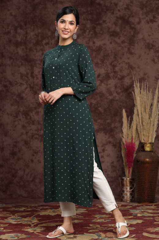 Women's Bottelgreen Rayon Slub Embellished Straight Kurta