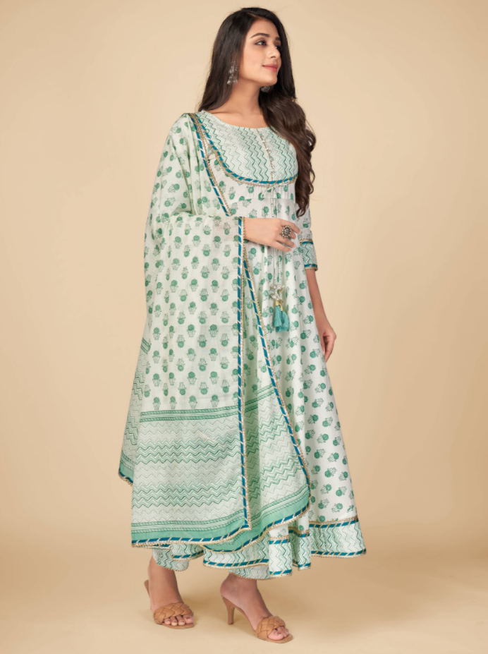 Women's Printed & Gota Patti Work Anarkali Cotton Green Kurta Pant With Dupatta (3Pcs Set)
