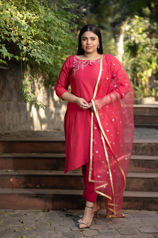 Women's Plus Size Hand Work Pink Kurta Set