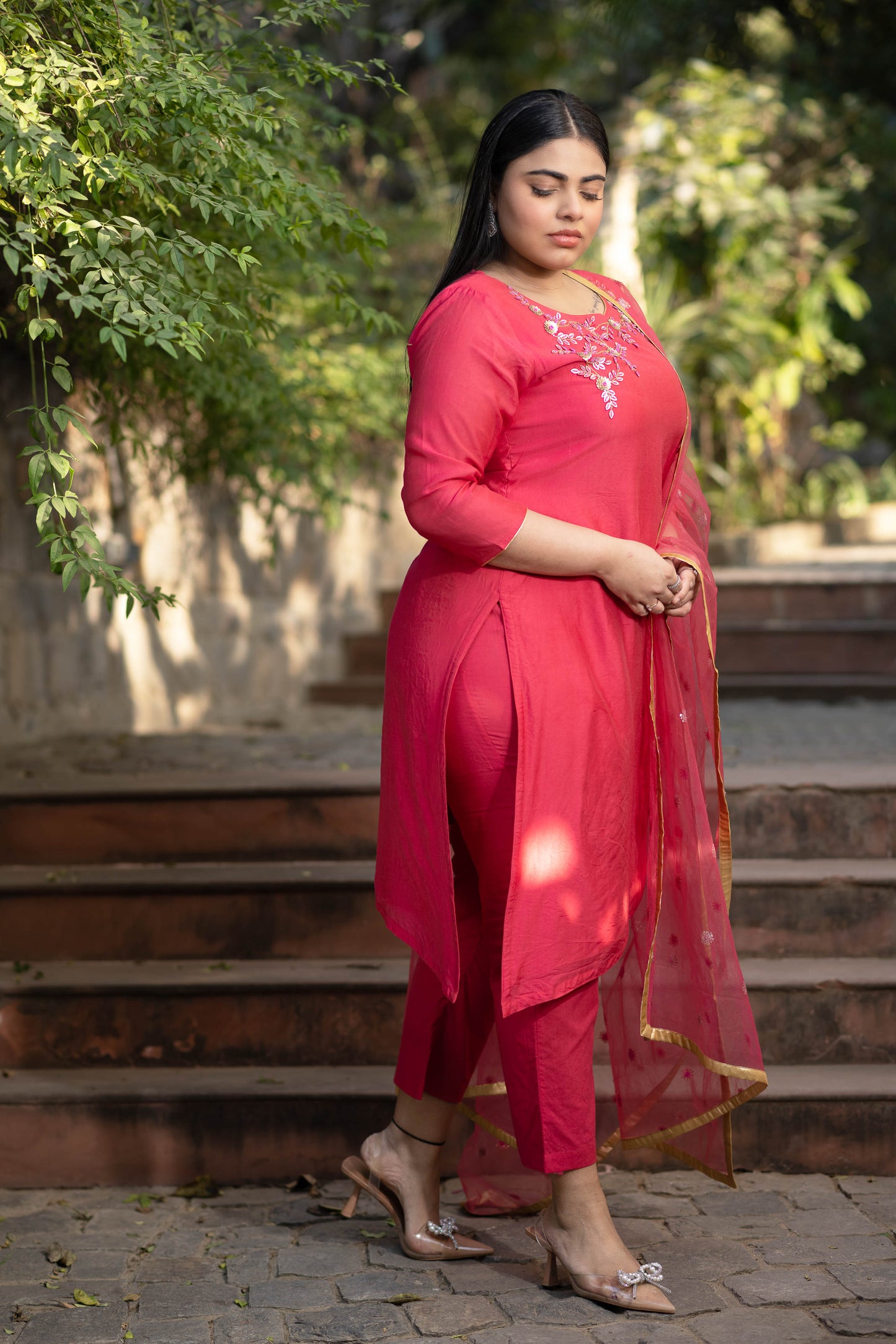 Women's Plus Size Hand Work Pink Kurta Set
