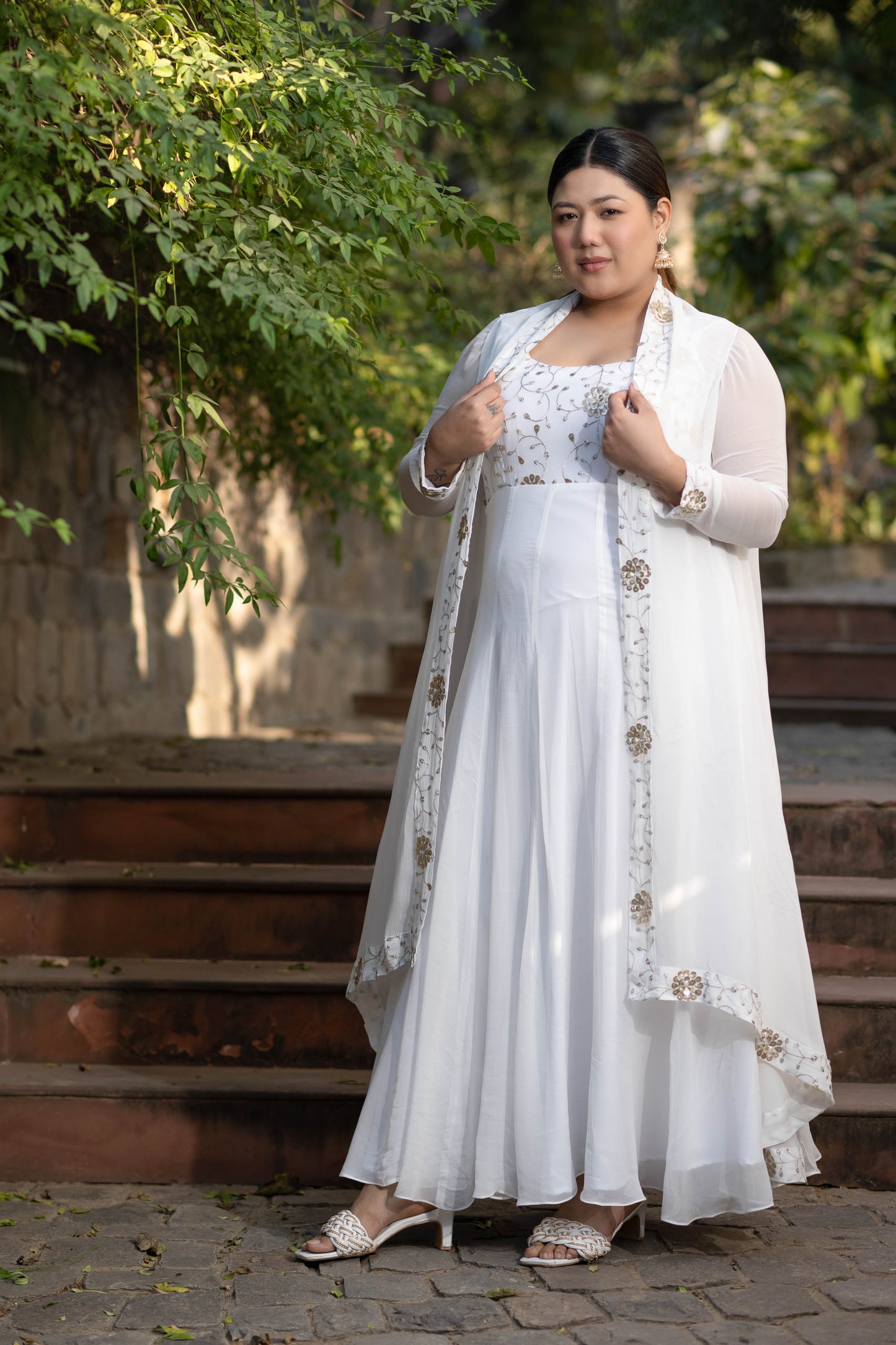 Women's Plus Size Off White Jacket Gown With Sequin And Zari Work ( Set Of 2)