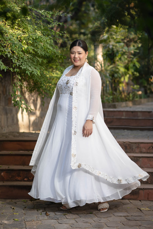 Women's Plus Size Off White Jacket Gown With Sequin And Zari Work ( Set Of 2)