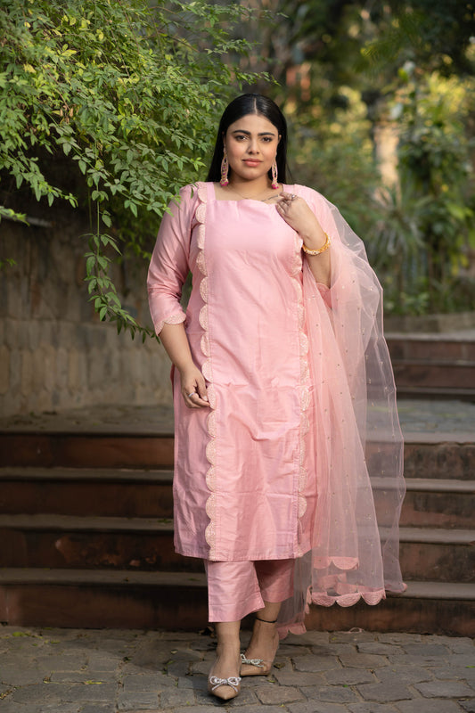 Women's Plus Size Peach Lace Kurta Set