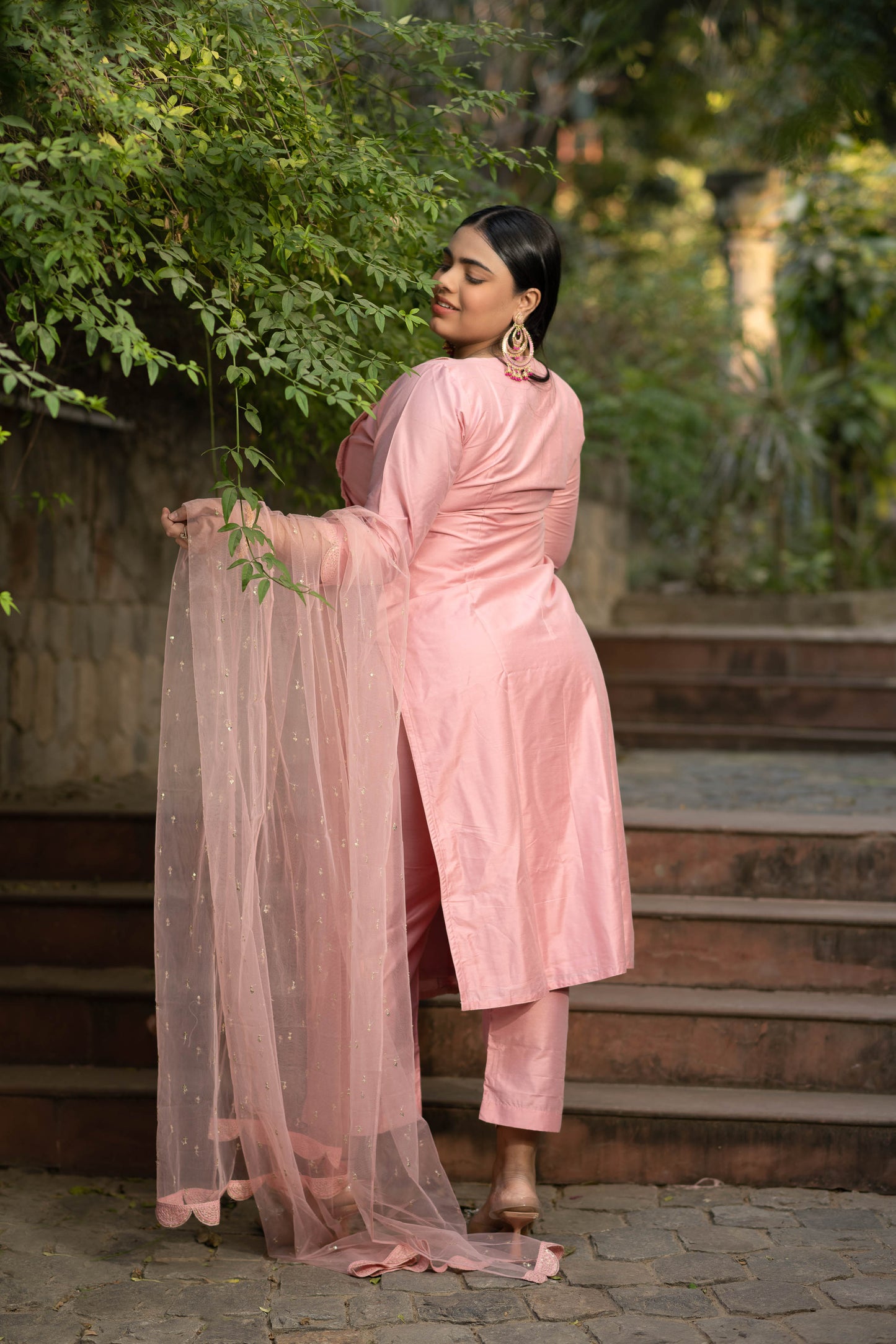 Women's Plus Size Peach Lace Kurta Set