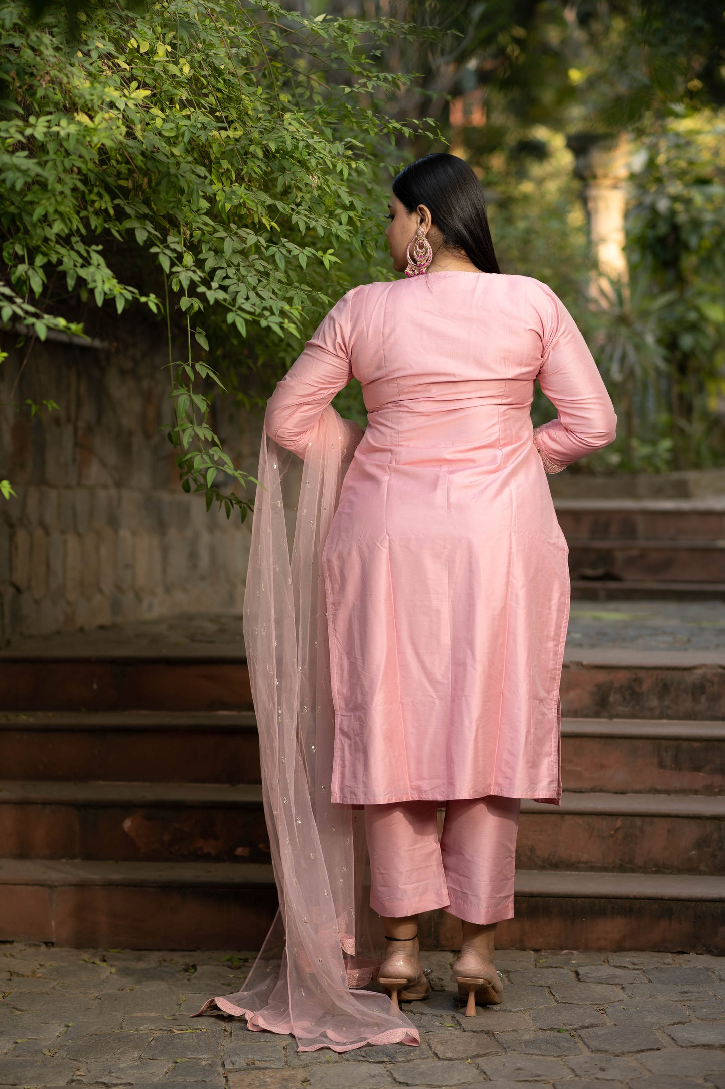 Women's Plus Size Peach Lace Kurta Set