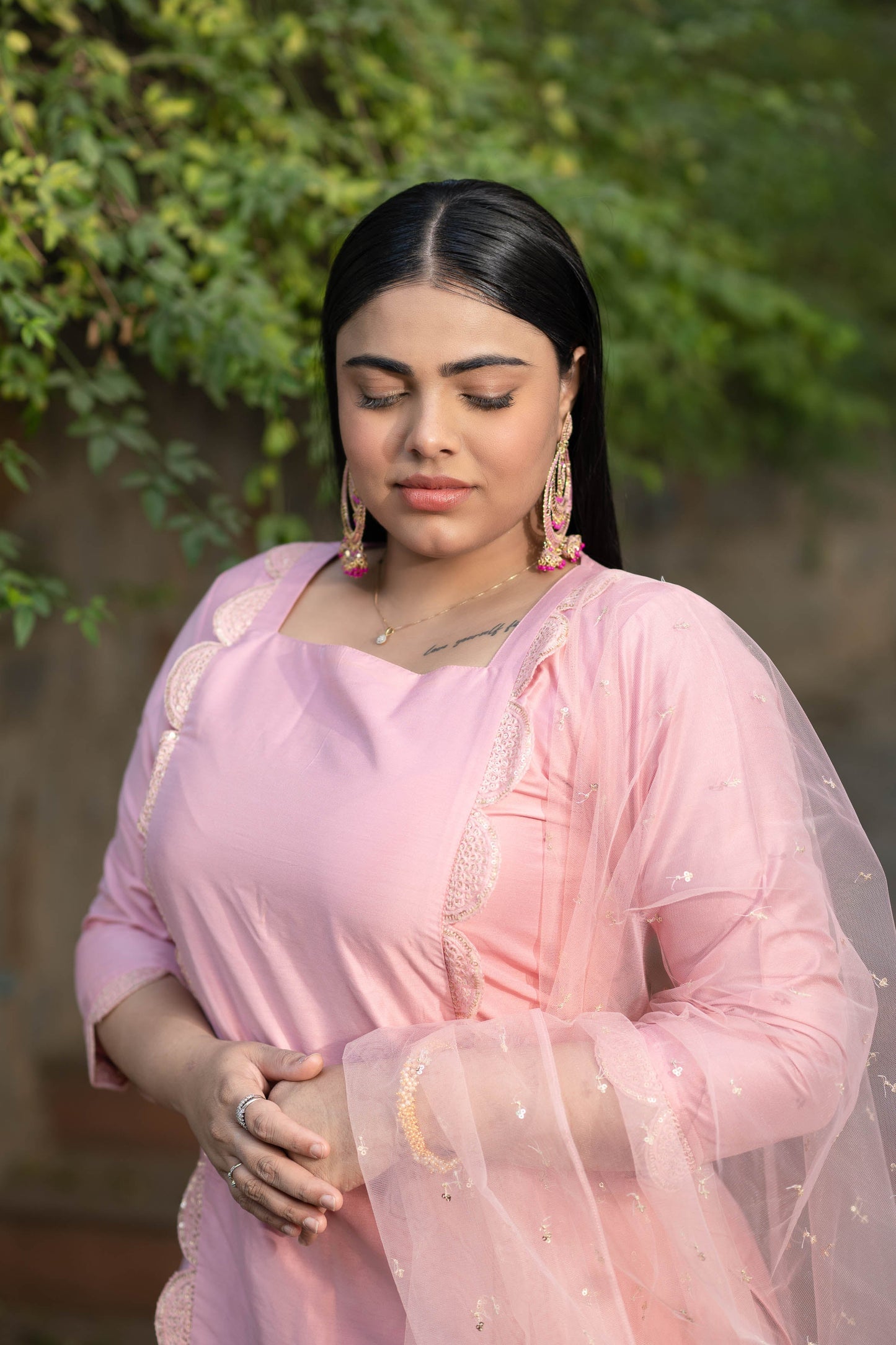 Women's Plus Size Peach Lace Kurta Set